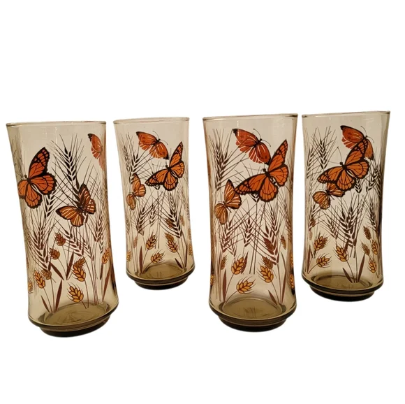 4 Vintage Retro Butterfly Wheat Design Smoked Tall Tumblers Drinking Glasses - Picture 1 of 8